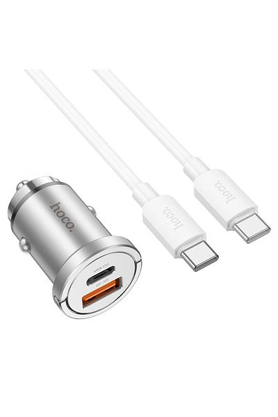 REDz Accessories Set de încărcare auto, iPhone 15/16 și Android, Hoco NZ10 + cablu Type-C 1m, încărcare rapidă 45W, argintiu