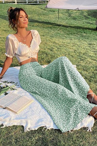 Merry See Floral Patterned Wide Leg High Waist Woven Trousers