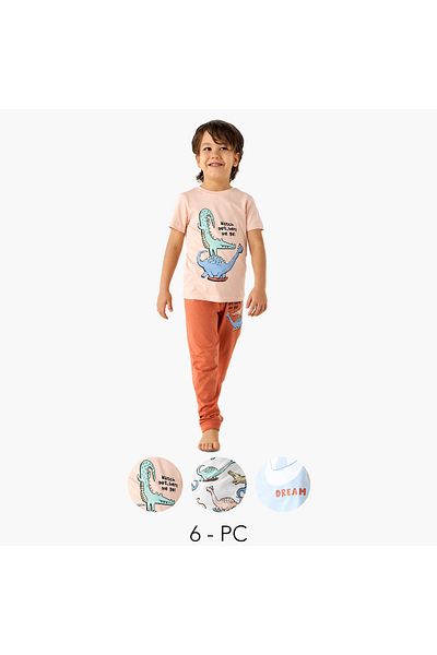 Juniors Dino Print T-shirt with Pyjama - Set of 3