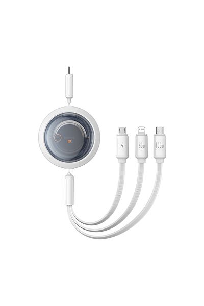 Baseus 3w1 Kabel uniwersalny zwijany USB-C - Lightning / USB-C / micro USB 100W 1.1m - biały