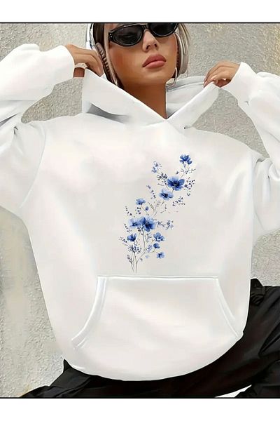 herkesemoda Blue Flowers Printed Hooded Sweatshirt