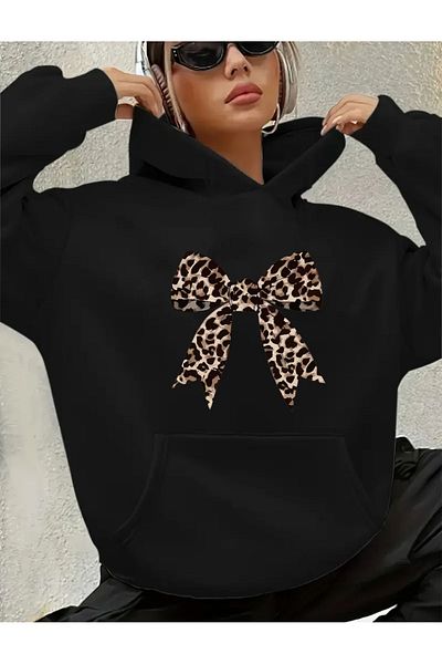 herkesemoda Leopard Ribbon Printed Hooded Sweatshirt