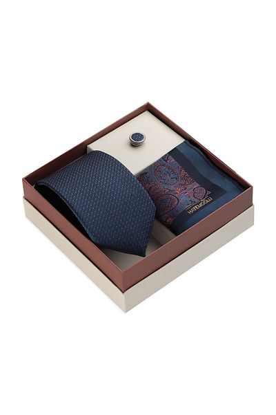 Hatemoğlu Navy Blue Tie Handkerchief and Lapel Badge Set of 3