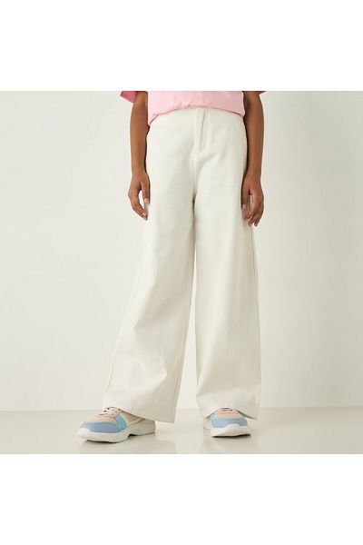 ELIGO All-Over Textured Wide Leg Pants with Button Closure and Pockets