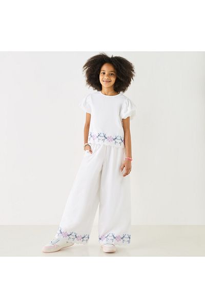 ELIGO Floral Embroidered Wide Leg Pants with Paperbag Waist and Pockets
