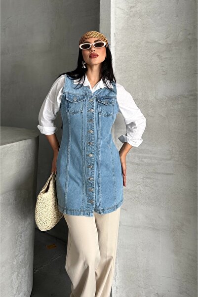 DESTEMODA Women's Denim Tunic Long Buttoned Two Pockets Denim Vest Blue 4506
