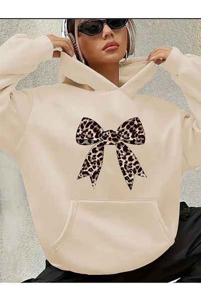 herkesemoda Φούτερ με κουκούλα με στάμπα Leopard