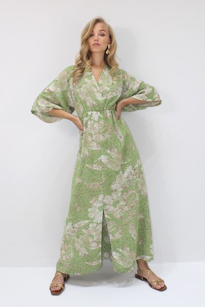 VAGGON Double Breasted Collar Elastic Waist Bat Sleeve Slit Detailed Maxi Dress