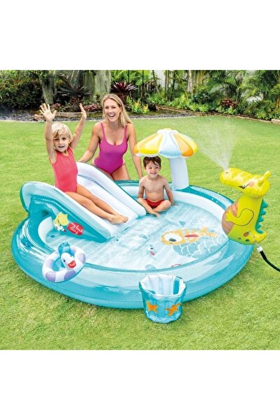 Welora Piscină cu tobogan pentru copii, model crocodil, vinil, capacitate 160 l, 2,01x1,70x0,84, albastră