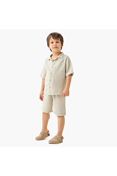 ELIGO Solid Camp Collar Shirt and Elasticated Shorts Set