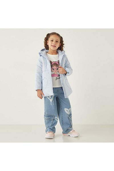 Juniors Heart Quilted Hooded Jacket with Long Sleeves and Zip Closure