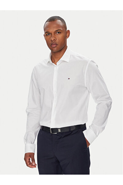 Tommy Hilfiger Erkek Slim Fit Esnek Pamuklu Kumaş Uzun Kollu Beyaz Gömlek MW0MW38347-YCF