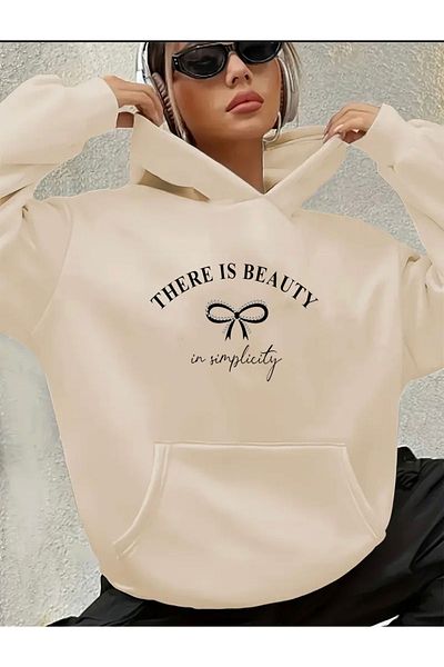 herkesemoda Υπάρχει Beauty Printed Fleece Hooded Sweatshirt με εσωτερικό