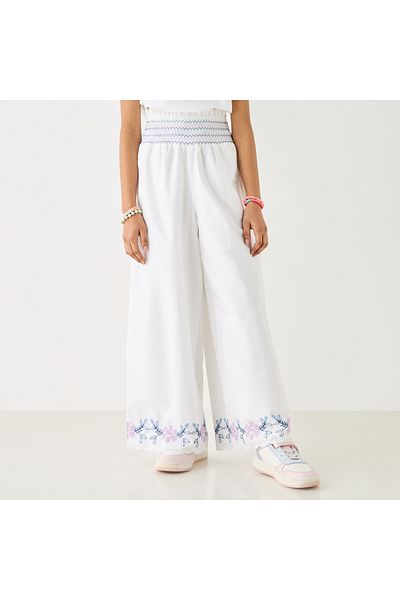 ELIGO Floral Embroidered Wide Leg Pants with Paperbag Waist and Pockets
