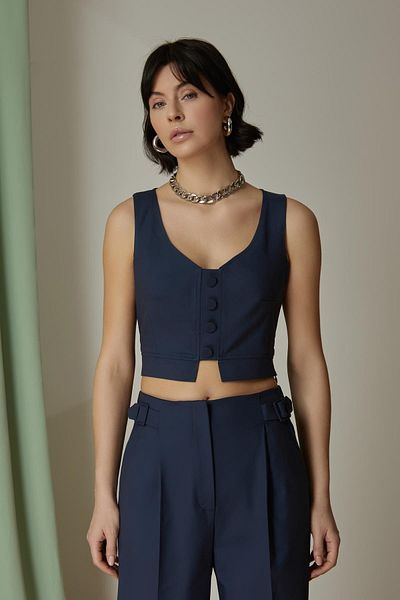 Naar Women's V-Neck Button Closure Crop Boy Navy Blue Bustier Naar12304-Dark Blue