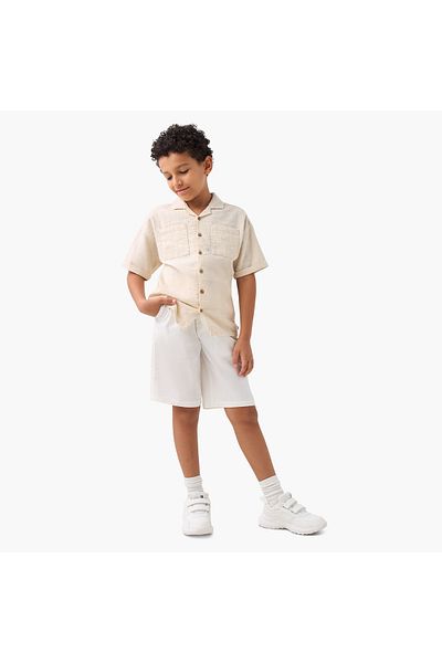 ELIGO Textured Camp Collar Shirt with Chest Pocket and Elasticated Shorts