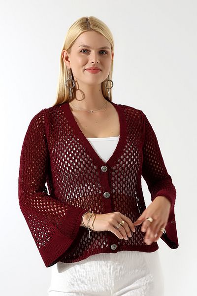 Devinka Women's Buttoned Openwork Spanish Sleeve Knitwear Cardigan