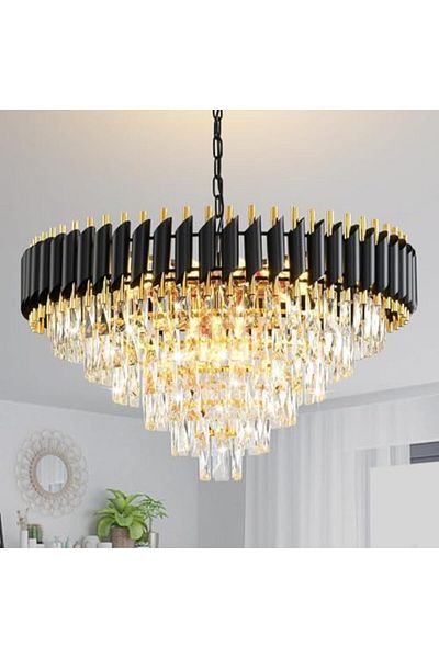 Almiftah HUA QIANG WANG Black and Gold Crystal Chandeliers 31.5" Modern Dining Room Chandelier Round 6 Tiers