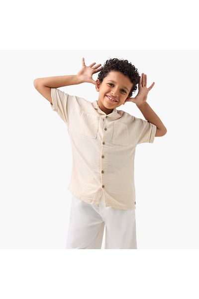 ELIGO Textured Camp Collar Shirt with Chest Pocket and Elasticated Shorts