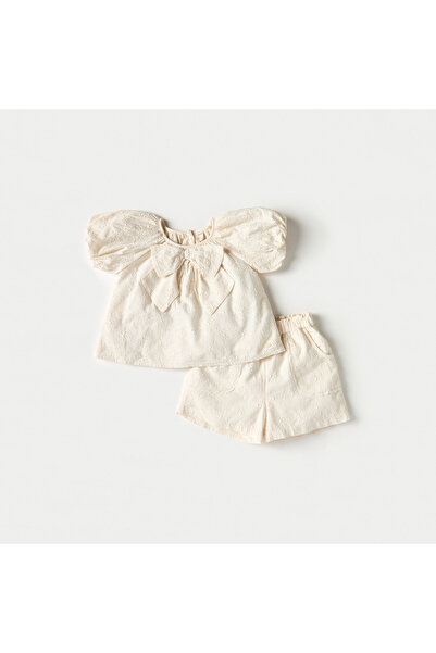 giggles Juniors Floral Embroidered Bow Applique Top and Elasticated Shorts Set