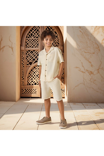 Juniors Solid Camp Collar Shirt and Elasticated Shorts Set