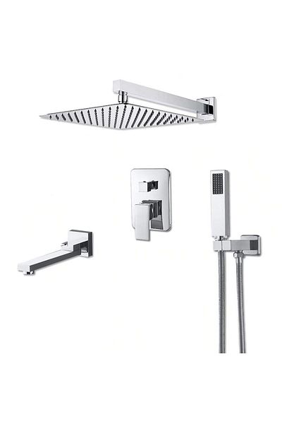 CasaVie Shower set with square hand shower 30 cm side, with built-in mixer, 3 water flow functions, silver