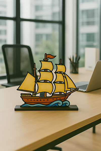 kids town Dekoratif Ahşap Yelkenli Gemi Masa ve Kitaplık Süsü – UV Baskılı 6m...