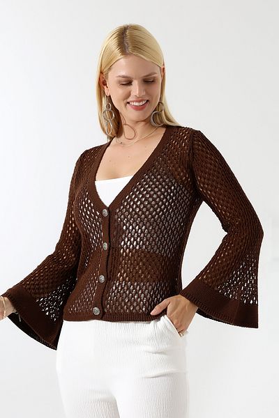 Devinka Women's Buttoned Openwork Spanish Sleeve Knitwear Cardigan