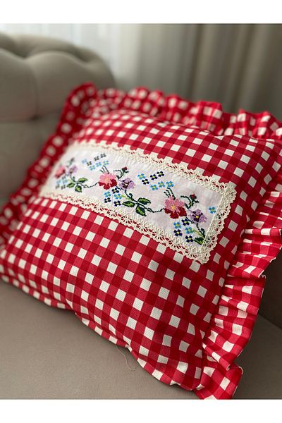 Parla Life Red Ruffled Cross Stitch Detailed Throw Pillow Case (Cross Stitch Models Vary)