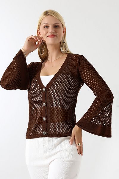 Devinka Women's Buttoned Openwork Spanish Sleeve Knitwear Cardigan
