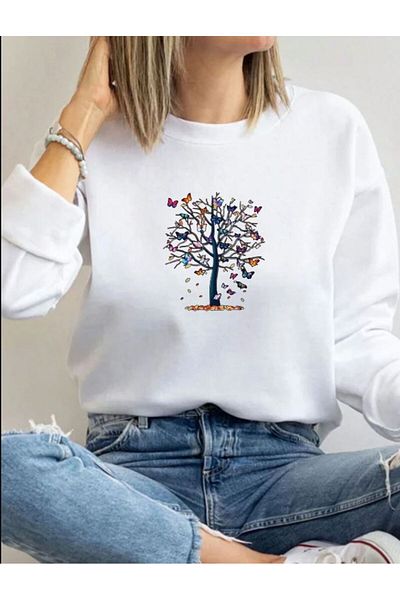 herkesemoda Mini Butterflies Printed Crew Neck Sweatshirt with Fleece Inside