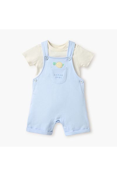 Juniors Solid T-shirt and Applique Detail Dungaree Set