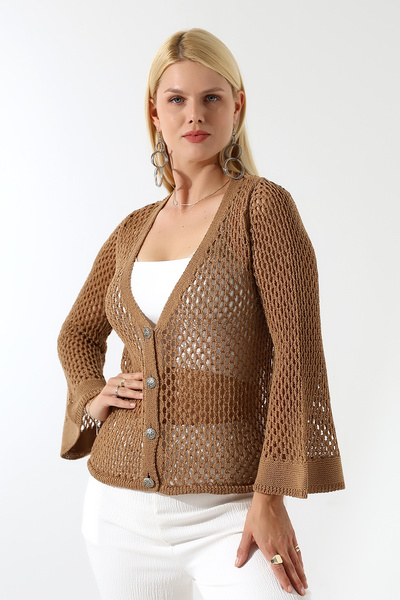 Devinka Women's Buttoned Openwork Spanish Sleeve Knitwear Cardigan