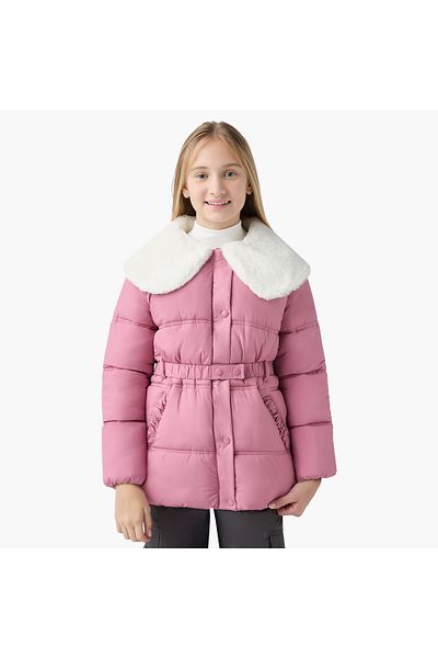 Juniors Solid Faux Fur Heavy Jacket with Pockets