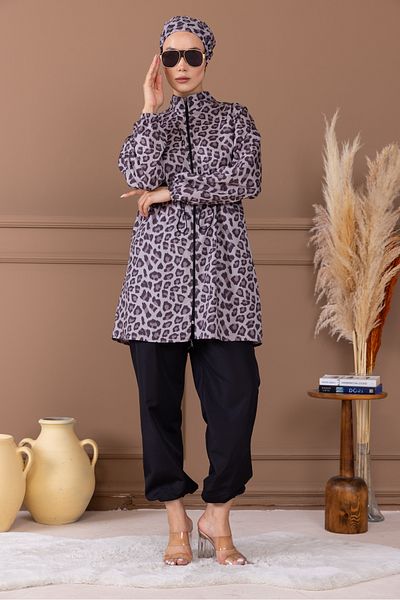 dilber fashion Leopard Pattern Bonnet and Bag Gift Gathered Waist Hijab Swimsuit Set