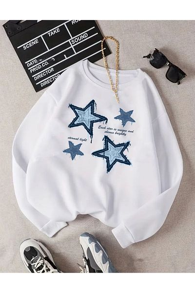 herkesemoda Star Print Detailed Crew Neck Fleece Sweatshirt