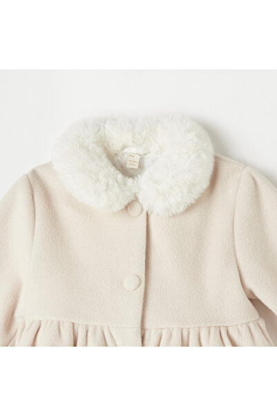 giggles Textured Faux Fur Jacket with Button Closure and Bow Detail