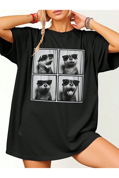 Pink Sky Unisex βαμβακερό μαύρο oversize μπλουζάκι με στάμπα "Cool Water Mole" Άνετο καθημερινό μπλουζάκι
