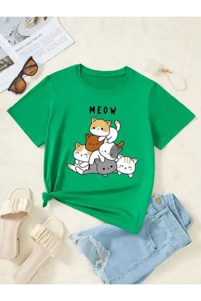 LUNAVISTA Women's Short Sleeve T-Shirt with Cute Cartoon Cat Pattern and Comfortable Round Neck