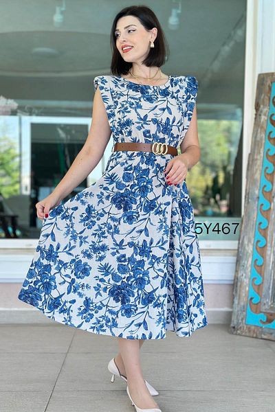 İnce Topuk Patterned Linen Dress with Padded Shoulders 5Y467