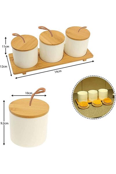 genric FFD Set of 3 Vintage Ceramic Food Storage Jars with Bamboo Lids
