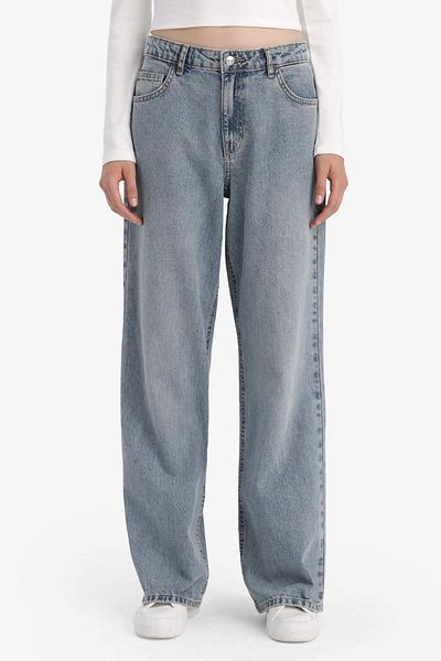 DeFacto Straight Wide High Waist Long Jean Washed Trousers E9126Ax25Au