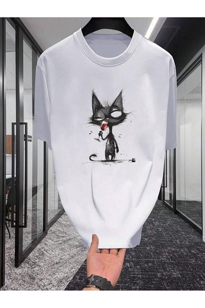 Pink Sky Cotton White Oversize T-Shirt Awesome Cat Printed Casual Casual T-Shirt