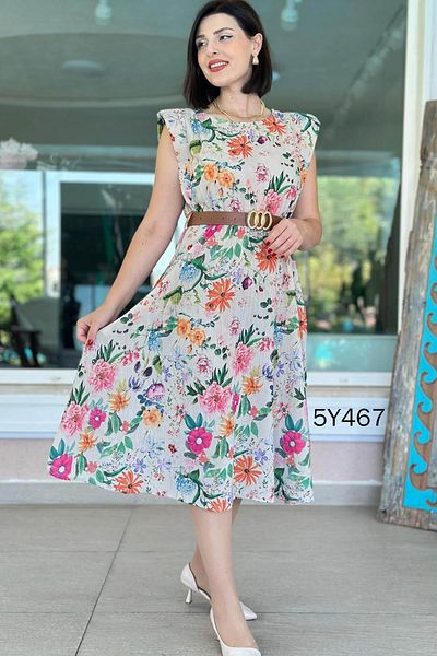 İnce Topuk Patterned Linen Dress with Padded Shoulders 5Y467