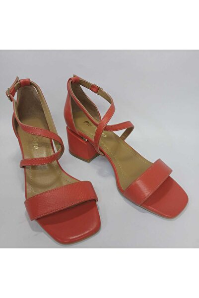 Mira Deri Genuine Leather Pomegranate Flower 6 cm Thick Heel Tape Women's Shoes