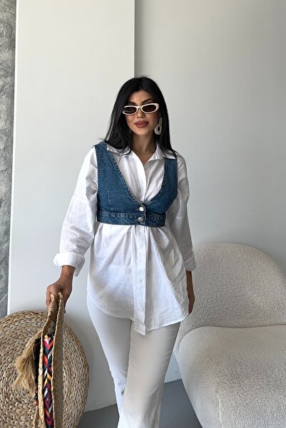 DESTEMODA Жіночий джинсовий бюстгальтер, короткий, на ґудзиках, темно-синій 4513