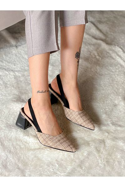 BERFONA Berir Beige Tweed Black Leather 5 cm Heel Sandals