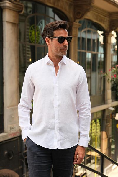 Fitmens Slim Fit Long Sleeve 100% Linen Breathable Fabric Men's Shirt with Gift Box Fs-004170 - White