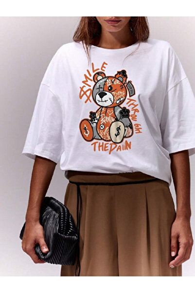Pink Sky Unisex βαμβακερό λευκό υπερμεγέθη μπλουζάκι με στάμπα "Teddy Bear Smile" Άνετο καθημερινό μπλουζάκι