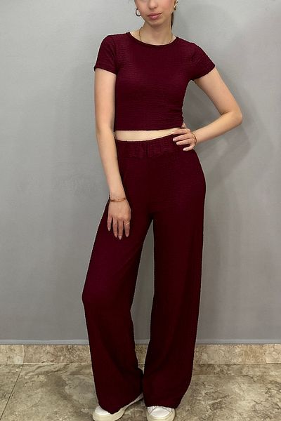 Tam Moda Women's Bubble Fabric Burgundy Pants-Crew Neck Body Set